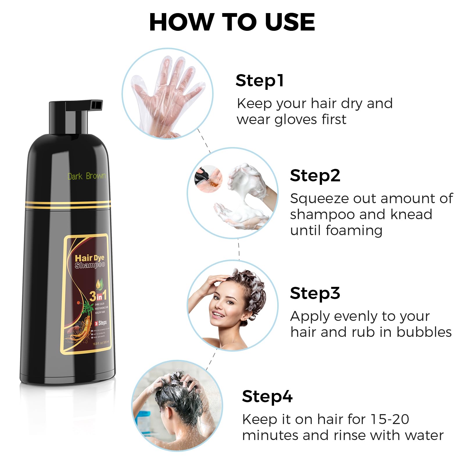 BELEZALIB Instant Dark Brown Hair Dye Shampoo for Women, Hair Color Shampoo for Gray Hair, 3 in 1-100% Gray Coverage - Natural Plant Ingredients, 16.9OZ/500ML